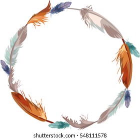 Hand drawn colourful feathers wreath. Boho Style. Isolated on white background. Vector illustration. Nature background.