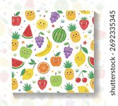 Hand drawn colourful fruits pattern. white background with apple, watermelon, pineapple, banana, grape for wallpaper, wrapping paper, textile.




