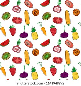 hand drawn colourful fruits and vegetables pattern seamless background