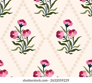 Hand drawn colourful geometric flowers, seamless patterns with floral for fabric, textiles, clothing, wrapping paper, backdrop, banner, illustration, abstract backgrounds.
