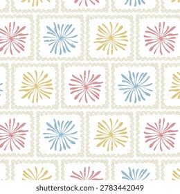Hand drawn colourful geometric flowers, seamless patterns with floral for fabric, textiles, clothing, wrapping paper, backdrop, banner, illustration, abstract backgrounds.