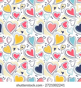 Dibujado a mano colorido patrón de forma de corazón sin fisuras diseñado para el día de San Valentín, textiles festivos, envoltura de regalo o fondos digitales.