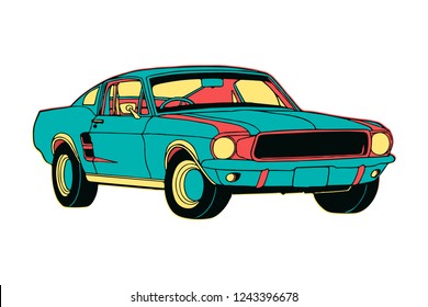 Hand Drawn colourful isolated muscle car in cartoon style with creative design colours. Vector illustration EPS10 