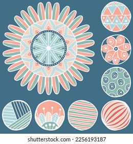 Hand Drawn Colourful Mandalas and ornamental circles, Vector decorative Illustrations for clothing, home decor, cards and templates, scrap booking, post cards, frames.