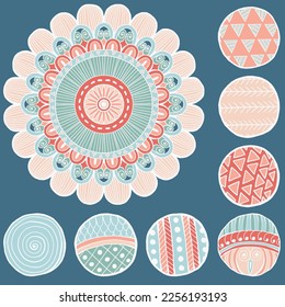 Hand Drawn Colourful Mandalas and ornamental circles, Vector decorative Illustrations for clothing, home decor, cards and templates, scrap booking, post cards, frames.