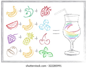 Hand drawn colourful sketch fruit smoothie recipes on white background vector illustration