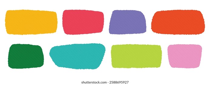 Hand drawn colourful textured organic rectangles. Geometric jagged frame shapes. Color speech bubble blobs. Vector illustration on white background.