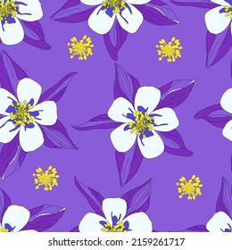 Hand drawn columbine flowers seamless pattern on  purple. Repeating floral vector pattern. 