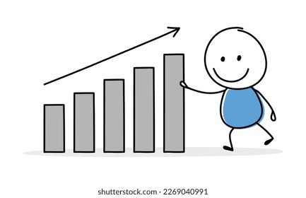 Hand drawn column graph symbol. Funny concept with a stickman holding icon. Cartoon style design. Vector illustration