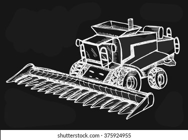 Hand drawn combine-harvester on black background. Vector illustration. 