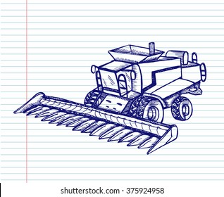 Hand drawn combine-harvester on copybook background. Vector illustration. 