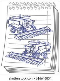 Hand drawn combine-harvester on notebook background. Vector illustration. 