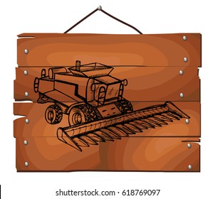 Hand drawn combine-harvester on wooden plank background. Vector illustration. 