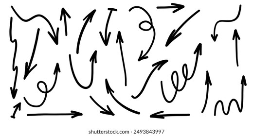 Hand drawn comic arrow doodle sign cursor set collection elements wavy retro style black white monochrome