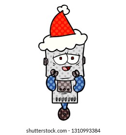 hand drawn comic book style illustration of a robot wearing santa hat