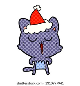 hand drawn comic book style illustration of a cat singing wearing santa hat