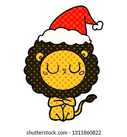 hand drawn comic book style illustration of a lion wearing santa hat