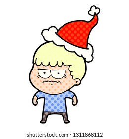 hand drawn comic book style illustration of a annoyed man wearing santa hat