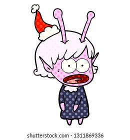 hand drawn comic book style illustration of a shocked alien girl wearing santa hat