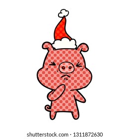 hand drawn comic book style illustration of a angry pig wearing santa hat