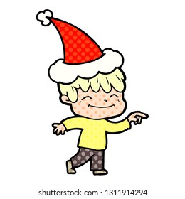 hand drawn comic book style illustration of a happy boy wearing santa hat