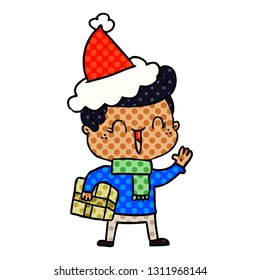 hand drawn comic book style illustration of a laughing boy wearing santa hat