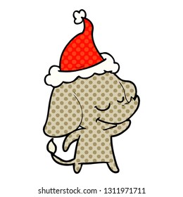 hand drawn comic book style illustration of a smiling elephant wearing santa hat