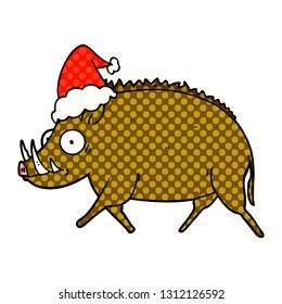 hand drawn comic book style illustration of a wild boar wearing santa hat