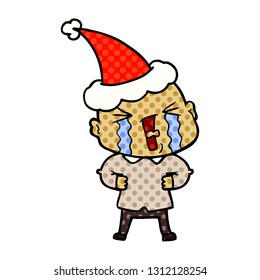 hand drawn comic book style illustration of a crying bald man wearing santa hat
