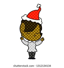 hand drawn comic book style illustration of a squinting girl wearing santa hat
