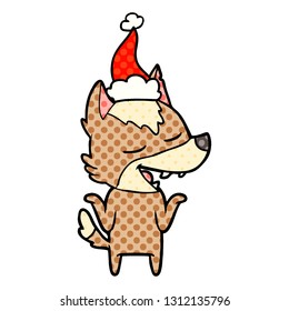 hand drawn comic book style illustration of a wolf laughing wearing santa hat