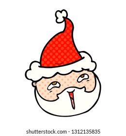 hand drawn comic book style illustration of a male face with beard wearing santa hat