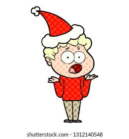 handgezeichnete Comicbuchillustration für einen Mann, der überrascht mit Santamhut gaspelt