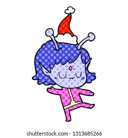 hand drawn comic book style illustration of a alien girl wearing santa hat