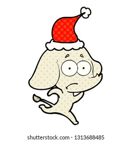 hand drawn comic book style illustration of a unsure elephant running away wearing santa hat