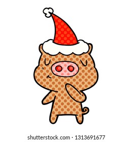 handgezeichnete Comicbuchgrafik eines Schweins mit Santa-Hut