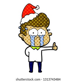 hand drawn comic book style illustration of a crying man wearing santa hat