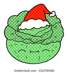hand drawn comic book style illustration of a cabbage wearing santa hat