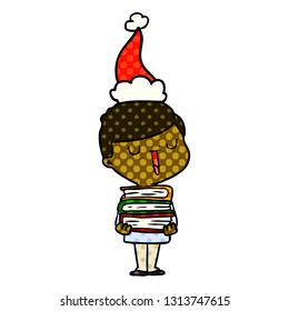 ilustración de un niño feliz con un montón de libros usando sombrero santa