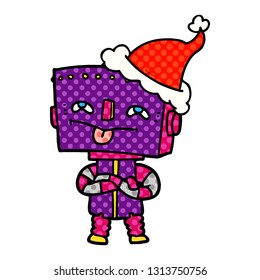 hand drawn comic book style illustration of a robot wearing santa hat