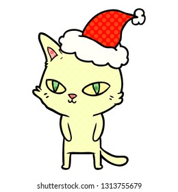 ilustración de un gato con ojos brillantes usando sombrero santa