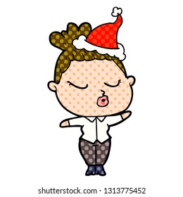 hand drawn comic book style illustration of a calm woman wearing santa hat