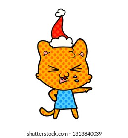 historieta dibujada a mano ilustración del estilo de un gato silbando usando sombrero santa