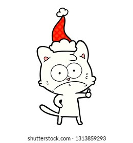 hand drawn comic book style illustration of a nervous cat wearing santa hat