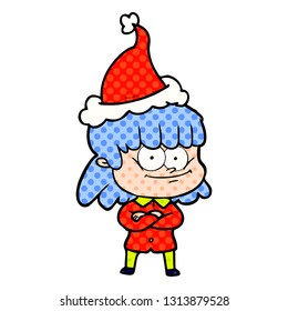 hand drawn comic book style illustration of a smiling woman wearing santa hat