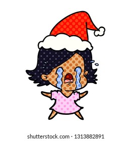 handgezeichnete Comicbuchillustration für eine Frau, die mit Santa-Hut weint