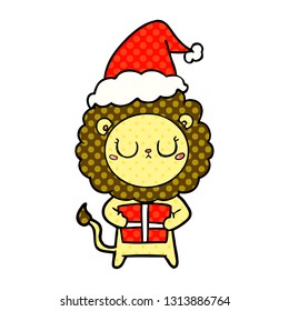 hand drawn comic book style illustration of a lion with christmas present wearing santa hat
