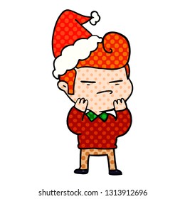 ilustración de un tipo de libro de historietas dibujado a mano con un tipo genial con pelo de moda cortado usando sombrero santa