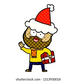 hand drawn comic book style illustration of a bearded man with present wearing santa hat