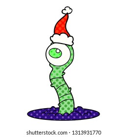 hand drawn comic book style illustration of a alien swamp monster wearing santa hat